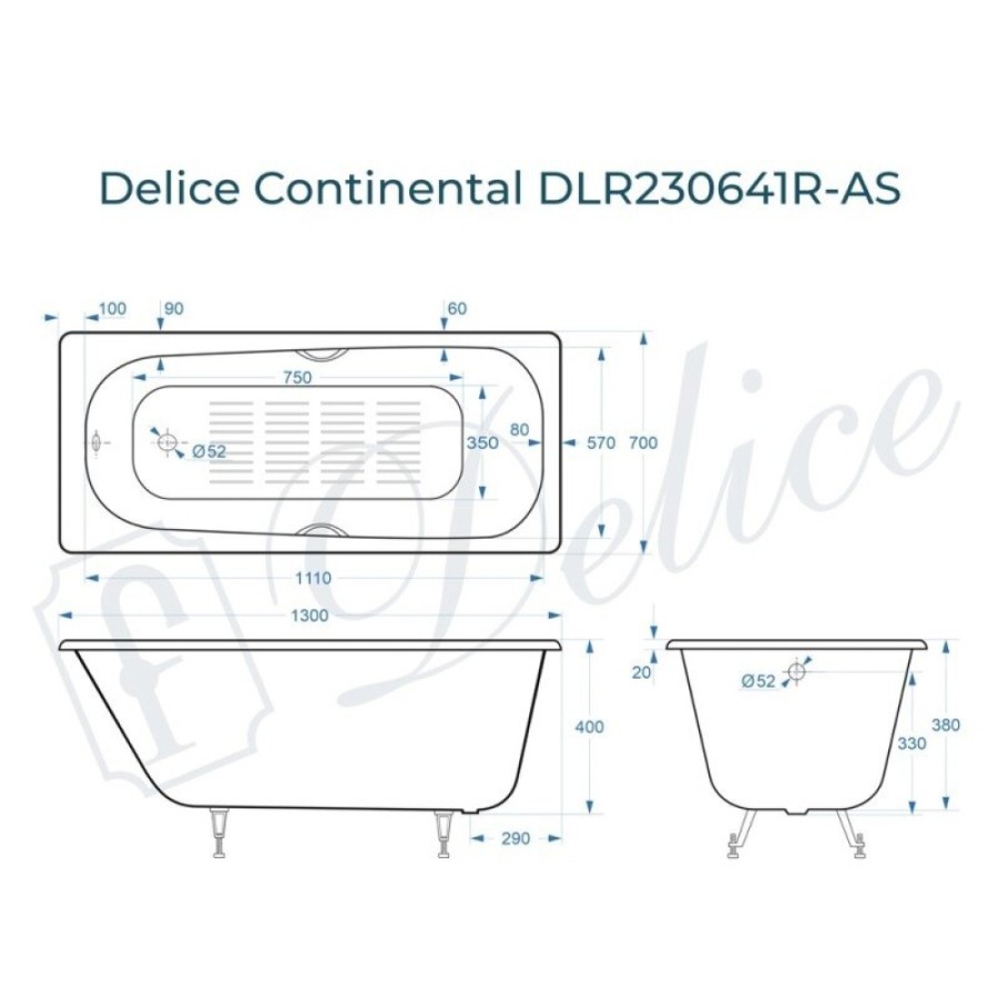 Ванна чугунная Delice Continental DLR230641R-AS, 130 х 70 см, антискользящее покрытие, с отверстиями под ручки, без ручек, цвет белый