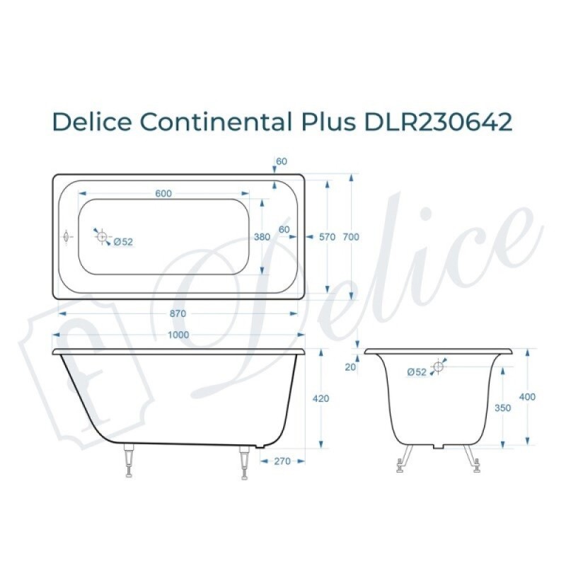 Ванна чугунная Delice Elite Continental Plus DLR230642, 100 х 70 см, без покрытия, без ручек, цвет белый