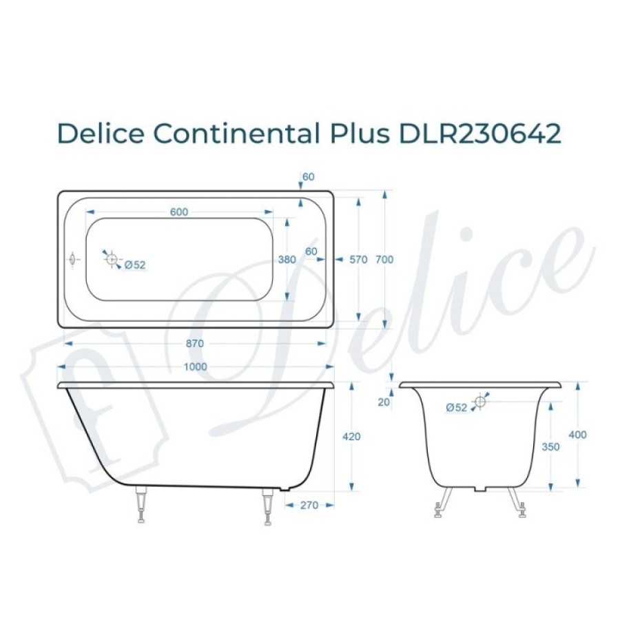 Ванна чугунная Delice Elite Continental Plus DLR230642, 100 х 70 см, без покрытия, без ручек, цвет белый