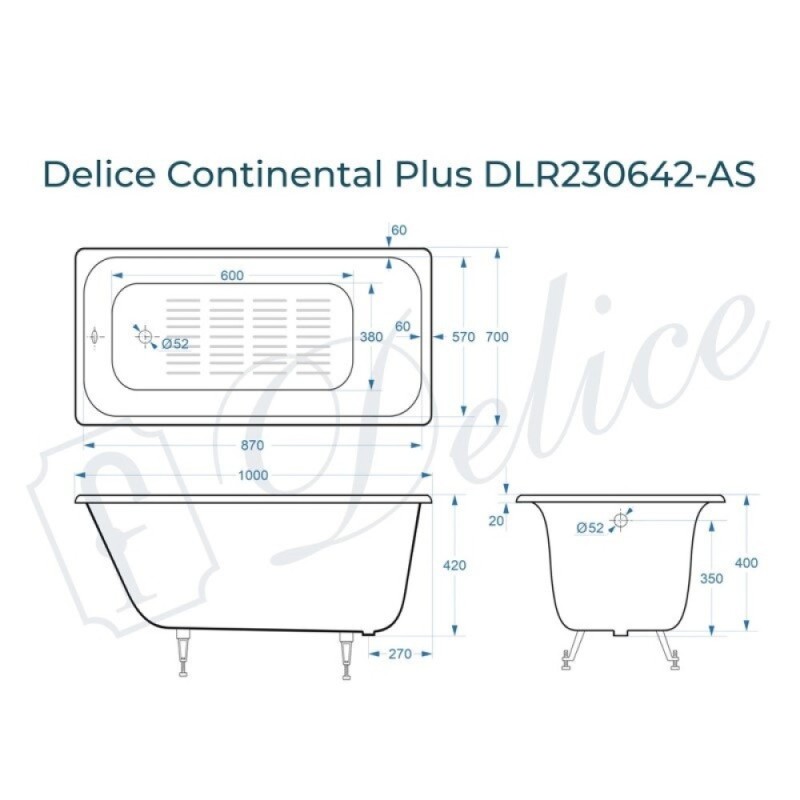 Ванна чугунная Delice Elite Continental Plus DLR230642-AS, 100 х 70 см, антискользящее покрытие, без ручек, цвет белый