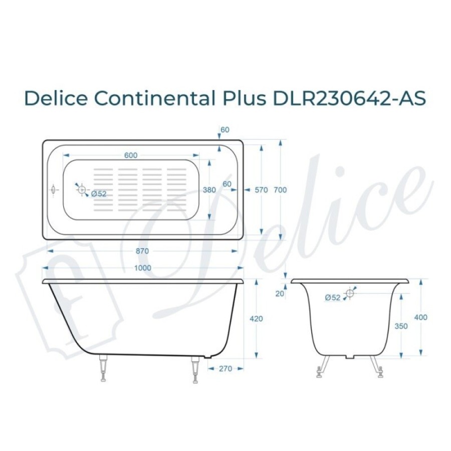 Ванна чугунная Delice Elite Continental Plus DLR230642-AS, 100 х 70 см, антискользящее покрытие, без ручек, цвет белый
