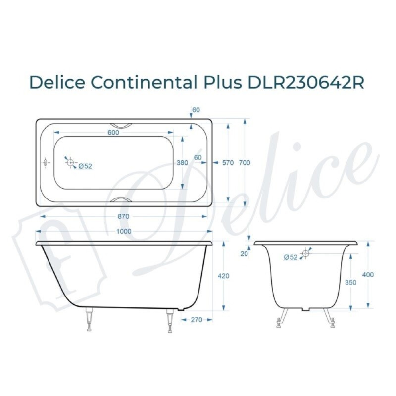 Ванна чугунная Delice Elite Continental Plus DLR230642R, 100 х 70 см, без покрытия, с отверстиями под ручки, цвет белый