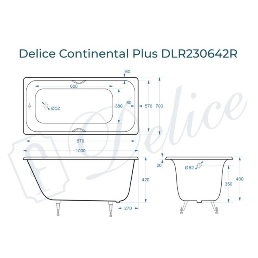Ванна чугунная Delice Elite Continental Plus DLR230642R, 100 х 70 см, без покрытия, с отверстиями под ручки, цвет белый