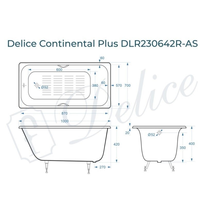 Ванна чугунная Delice Elite Continental Plus DLR230642R-AS, 100 х 70 см, антискользящее покрытие, с отверстиями под ручки, без ручек, цвет белый