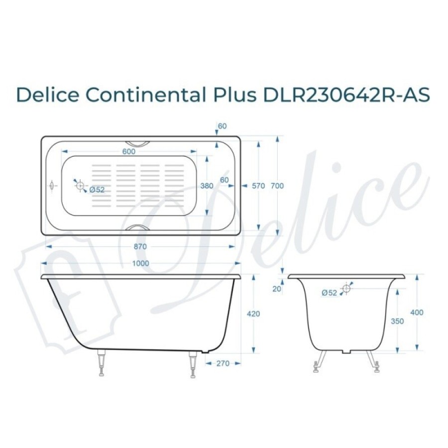 Ванна чугунная Delice Elite Continental Plus DLR230642R-AS, 100 х 70 см, антискользящее покрытие, с отверстиями под ручки, без ручек, цвет белый