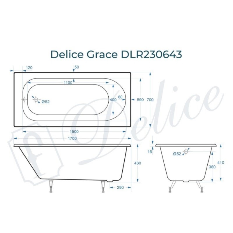 Ванна чугунная Delice Grace DLR230643, 170 x 70 см, без покрытия, без ручек, цвет белый