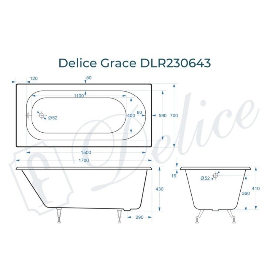 Ванна чугунная Delice Grace DLR230643, 170 x 70 см, без покрытия, без ручек, цвет белый