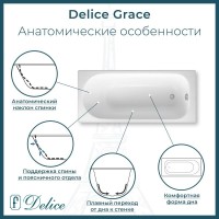 Ванна чугунная Delice Grace DLR230643-AS, 170 x 70 см, антискользящее покрытие, без ручек, цвет белый