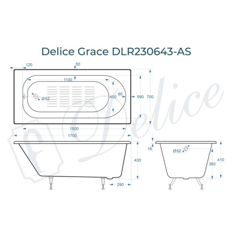 Ванна чугунная Delice Grace DLR230643-AS, 170 x 70 см, антискользящее покрытие, без ручек, цвет белый