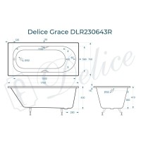 Ванна чугунная Delice Grace DLR230643R, 170 x 70 см, без покрытия, с отверстиями под ручки, без ручек, цвет белый