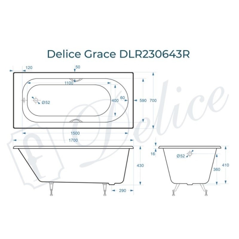 Ванна чугунная Delice Grace DLR230643R, 170 x 70 см, без покрытия, с отверстиями под ручки, без ручек, цвет белый