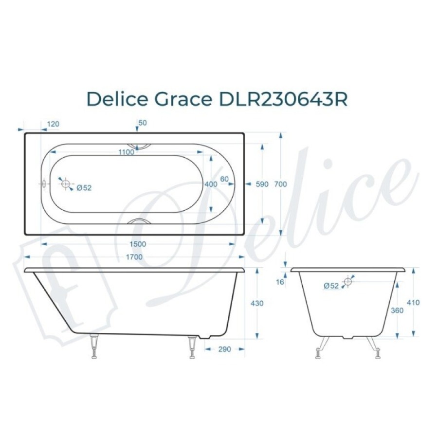 Ванна чугунная Delice Grace DLR230643R, 170 x 70 см, без покрытия, с отверстиями под ручки, без ручек, цвет белый