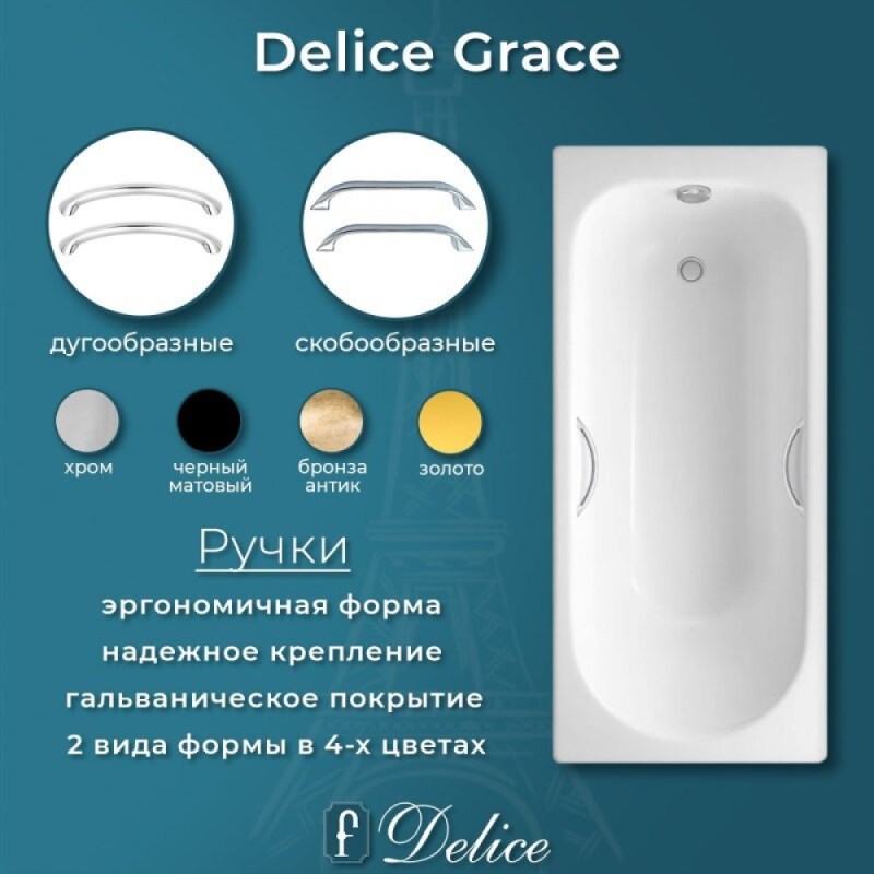 Ванна чугунная Delice Grace DLR230643R, 170 x 70 см, без покрытия, с отверстиями под ручки, без ручек, цвет белый