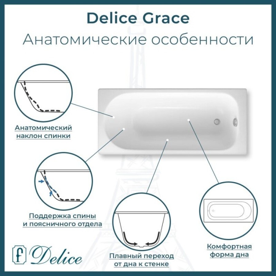Ванна чугунная Delice Grace DLR230643R-AS, 170 x 70 см, антискользящее покрытие, с отверстиями под ручки, без ручек, цвет белый