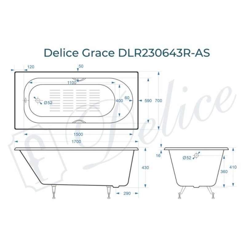 Ванна чугунная Delice Grace DLR230643R-AS, 170 x 70 см, антискользящее покрытие, с отверстиями под ручки, без ручек, цвет белый