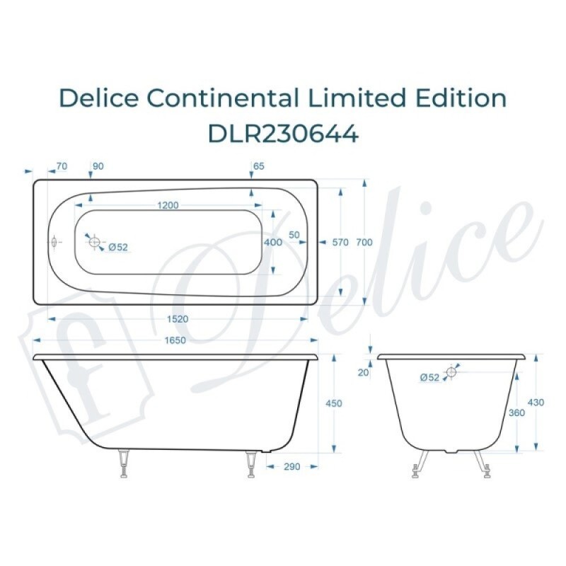 Ванна чугунная Delice Continental Limited Edition DLR230644, 165 х 70 см, без покрытия, без ручек, цвет белый