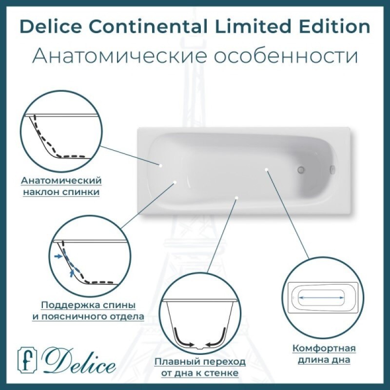 Ванна чугунная Delice Continental Limited Edition DLR230644-AS, 165 х 70 см, антискользящее покрытие, без ручек, цвет белый