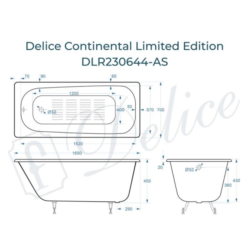 Ванна чугунная Delice Continental Limited Edition DLR230644-AS, 165 х 70 см, антискользящее покрытие, без ручек, цвет белый