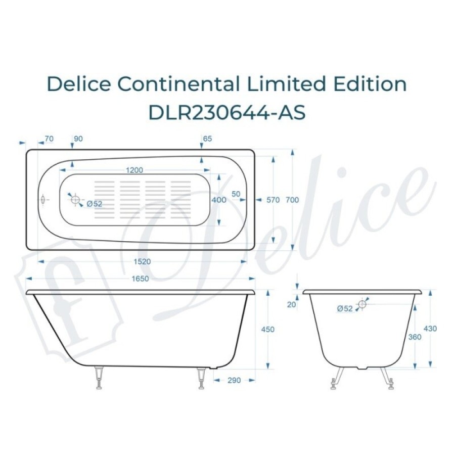 Ванна чугунная Delice Continental Limited Edition DLR230644-AS, 165 х 70 см, антискользящее покрытие, без ручек, цвет белый