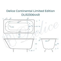 Ванна чугунная Delice Continental Limited Edition DLR230644R, 165 х 70 см, без покрытия, с отверстиями под ручки, без ручек, цвет белый