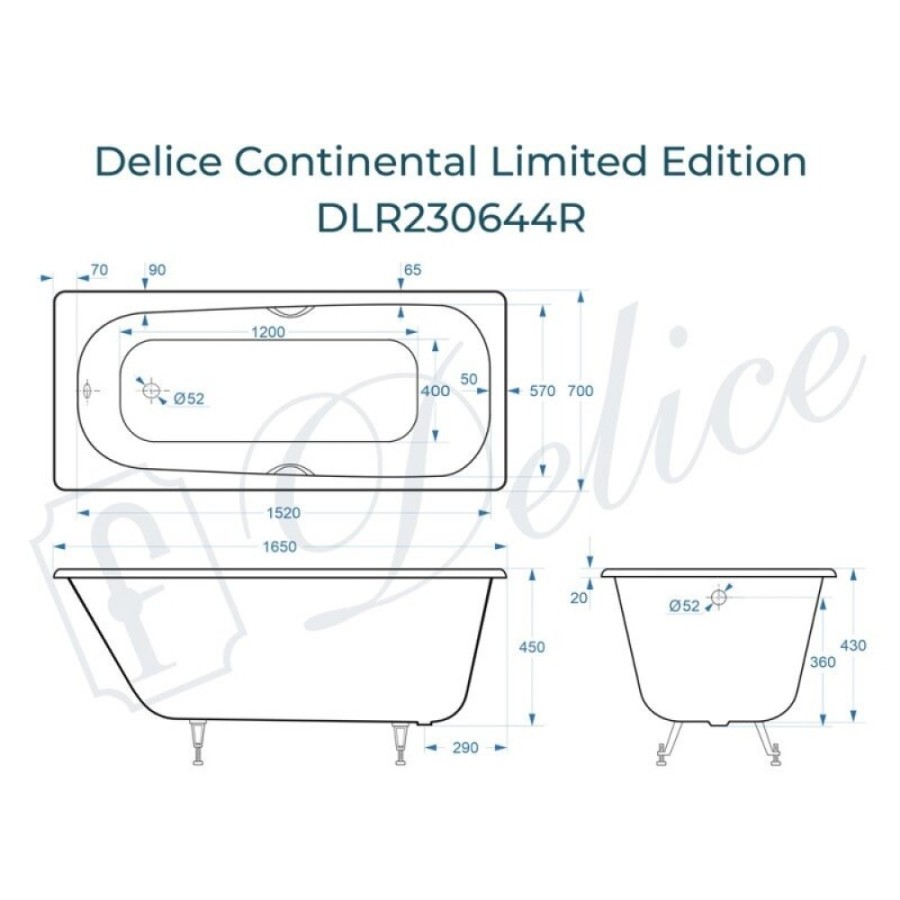 Ванна чугунная Delice Continental Limited Edition DLR230644R, 165 х 70 см, без покрытия, с отверстиями под ручки, без ручек, цвет белый