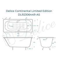 Ванна чугунная Delice Continental Limited Edition DLR230644R-AS, 165 х 70 см, антискользящее покрытие, с отверстиями под ручки, без ручек, цвет белый