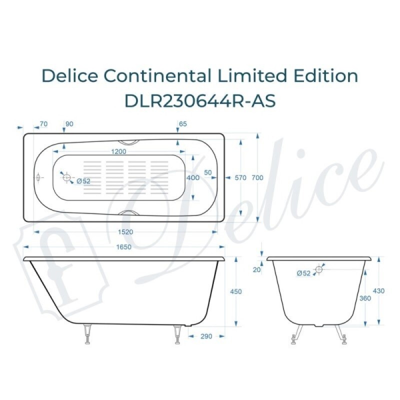 Ванна чугунная Delice Continental Limited Edition DLR230644R-AS, 165 х 70 см, антискользящее покрытие, с отверстиями под ручки, без ручек, цвет белый