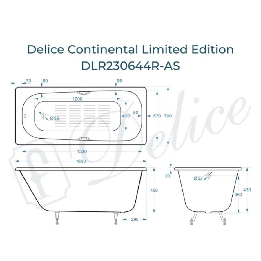 Ванна чугунная Delice Continental Limited Edition DLR230644R-AS, 165 х 70 см, антискользящее покрытие, с отверстиями под ручки, без ручек, цвет белый