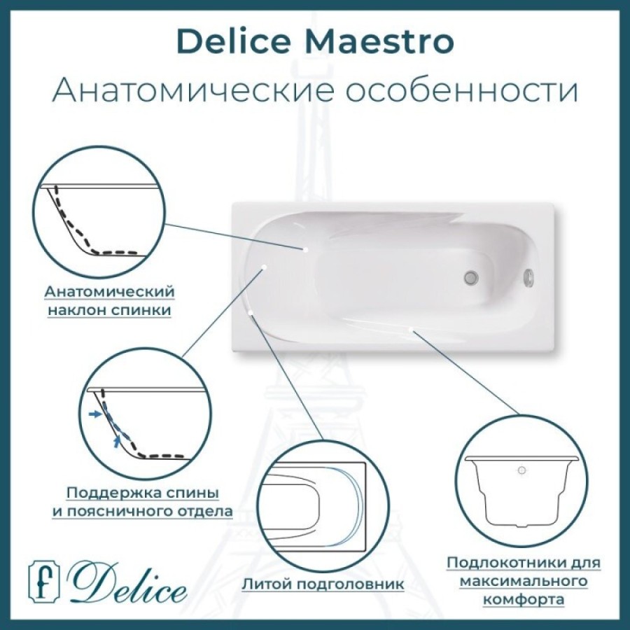 Ванна чугунная Delice Maestro DLR230646, 200 х 85 см, без покрытия, без ручек, цвет белый