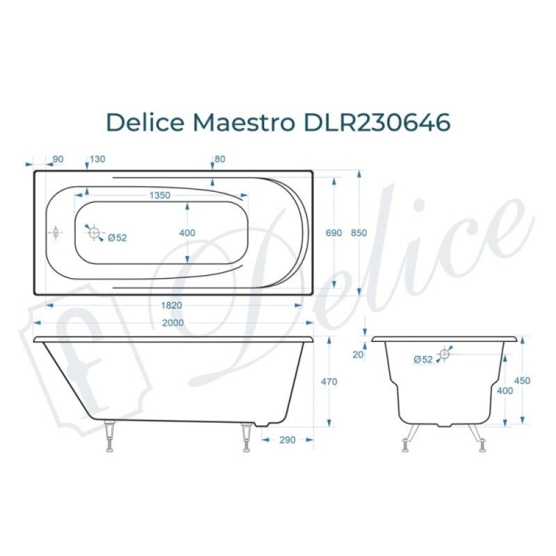 Ванна чугунная Delice Maestro DLR230646, 200 х 85 см, без покрытия, без ручек, цвет белый