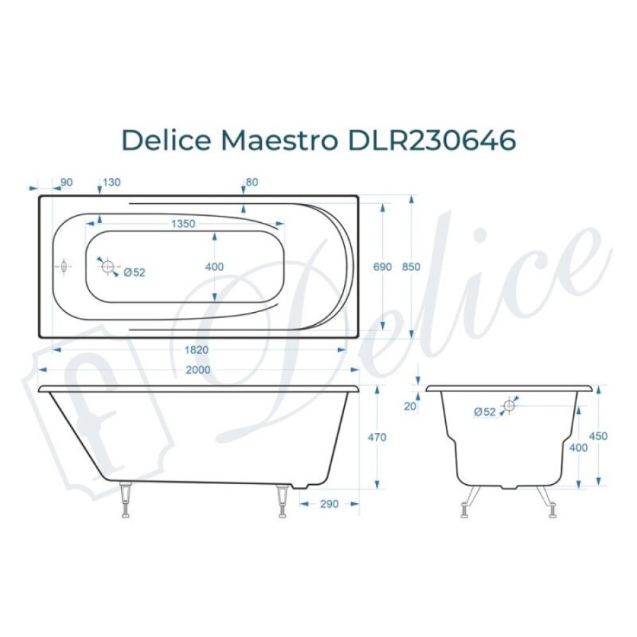 Ванна чугунная Delice Maestro DLR230646, 200 х 85 см, без покрытия, без ручек, цвет белый