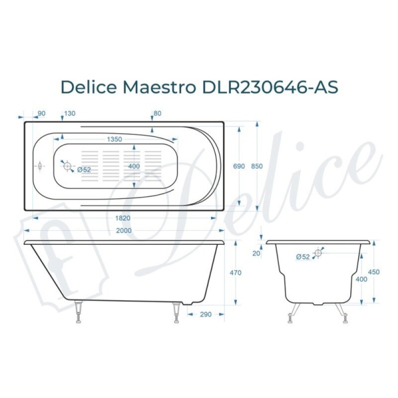Ванна чугунная Delice Maestro DLR230646-AS, 200 х 85 см, антискользящее покрытие, без ручек, цвет белый