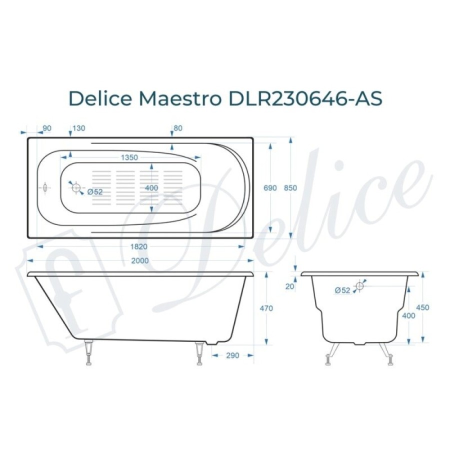 Ванна чугунная Delice Maestro DLR230646-AS, 200 х 85 см, антискользящее покрытие, без ручек, цвет белый