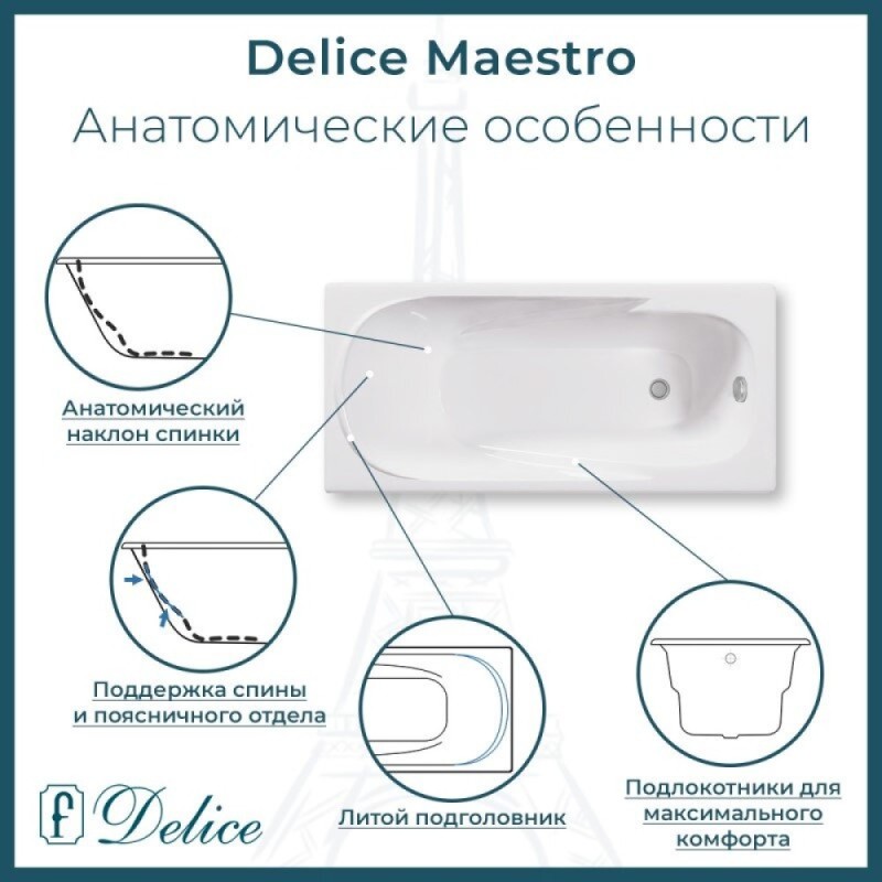 Ванна чугунная Delice Maestro DLR230646R, 200 х 85 см, без покрытия, с отверстиями под ручки, без ручек, цвет белый