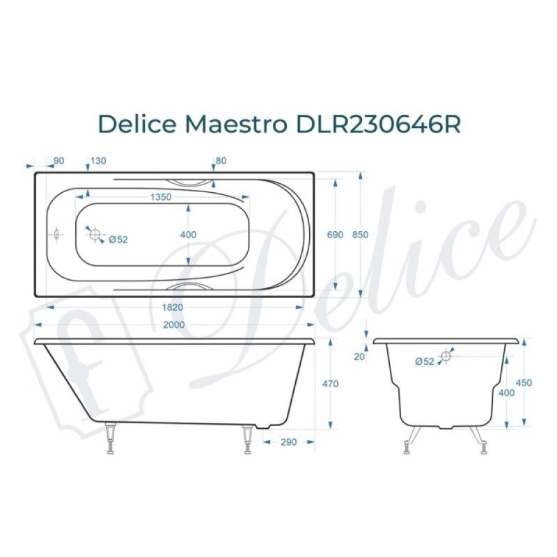 Ванна чугунная Delice Maestro DLR230646R, 200 х 85 см, без покрытия, с отверстиями под ручки, без ручек, цвет белый