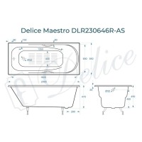 Ванна чугунная Delice Maestro DLR230646R-AS, 200 х 85 см, антискользящее покрытие, с отверстиями под ручки, без ручек, цвет белый