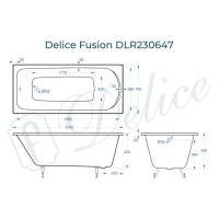 Ванна чугунная Delice Fusion DLR230647, 170 х 70 см, без покрытия, без ручек, цвет белый