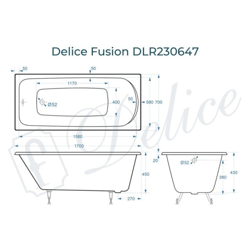 Ванна чугунная Delice Fusion DLR230647, 170 х 70 см, без покрытия, без ручек, цвет белый