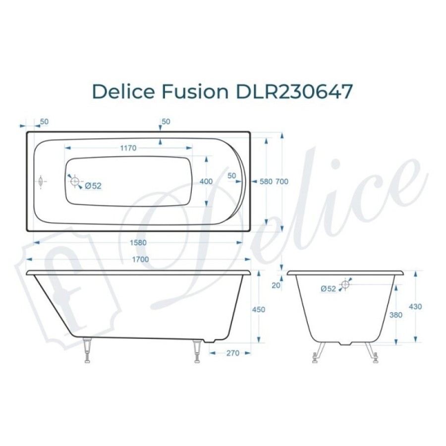 Ванна чугунная Delice Fusion DLR230647, 170 х 70 см, без покрытия, без ручек, цвет белый