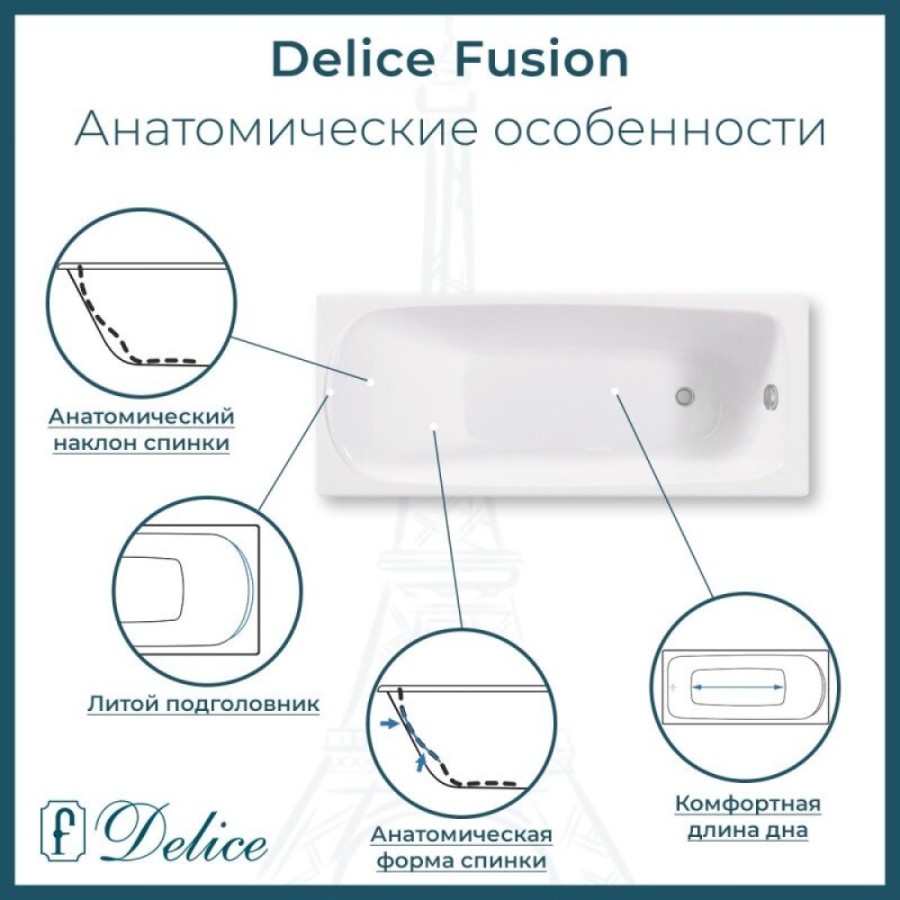 Ванна чугунная Delice Fusion DLR230647-AS, 170 х 70 см, антискользящее покрытие, без ручек, цвет белый