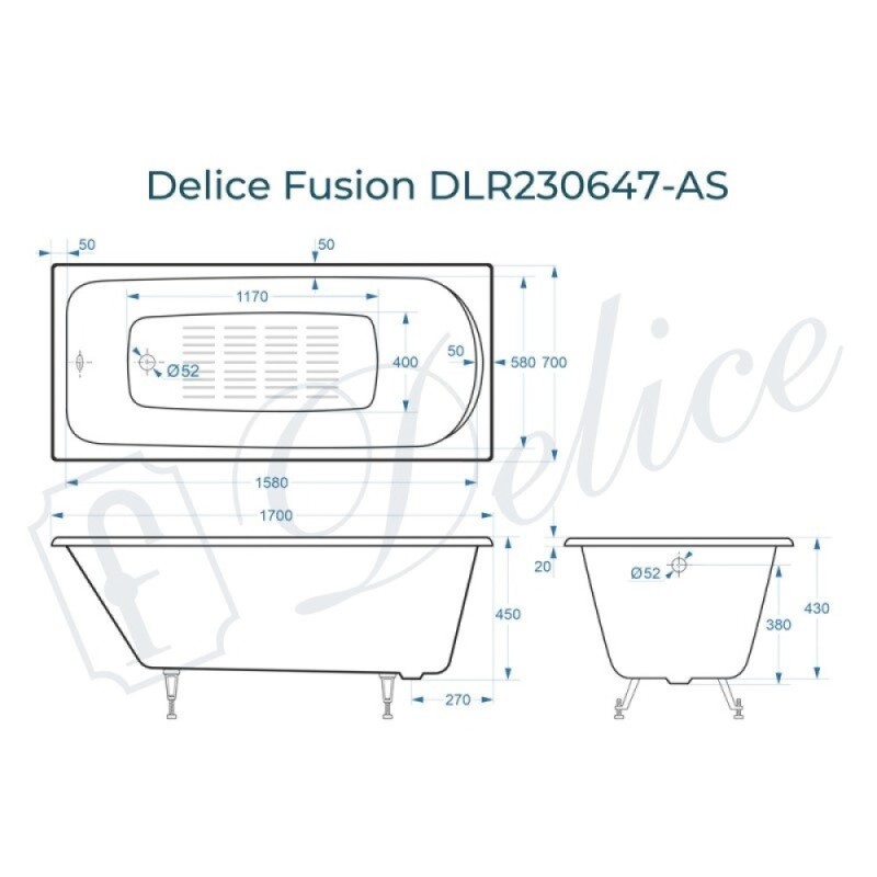 Ванна чугунная Delice Fusion DLR230647-AS, 170 х 70 см, антискользящее покрытие, без ручек, цвет белый