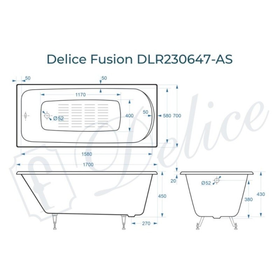 Ванна чугунная Delice Fusion DLR230647-AS, 170 х 70 см, антискользящее покрытие, без ручек, цвет белый
