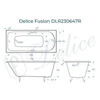 Ванна чугунная Delice Fusion DLR230647R, 170 х 70 см, без покрытия, с отверстиями под ручки, без ручек, цвет белый