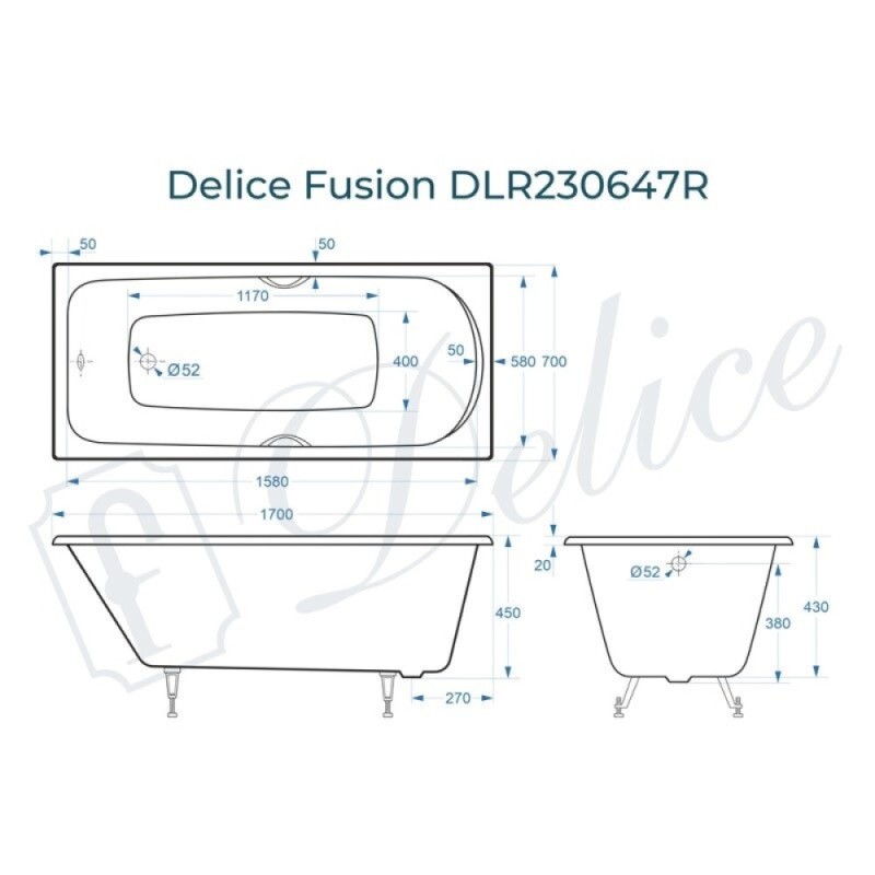 Ванна чугунная Delice Fusion DLR230647R, 170 х 70 см, без покрытия, с отверстиями под ручки, без ручек, цвет белый