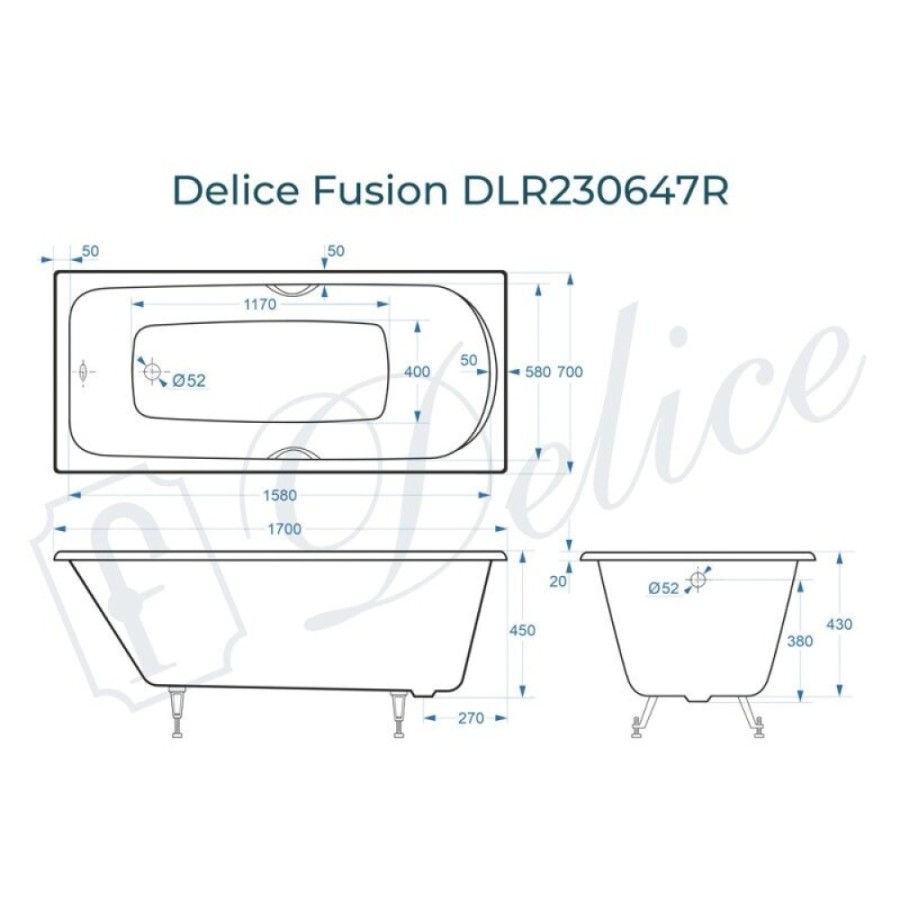 Ванна чугунная Delice Fusion DLR230647R, 170 х 70 см, без покрытия, с отверстиями под ручки, без ручек, цвет белый