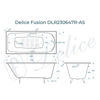 Ванна чугунная Delice Fusion DLR230647R-AS, 170 х 70 см, антискользящее покрытие, с отверстиями под ручки, без ручек, цвет белый