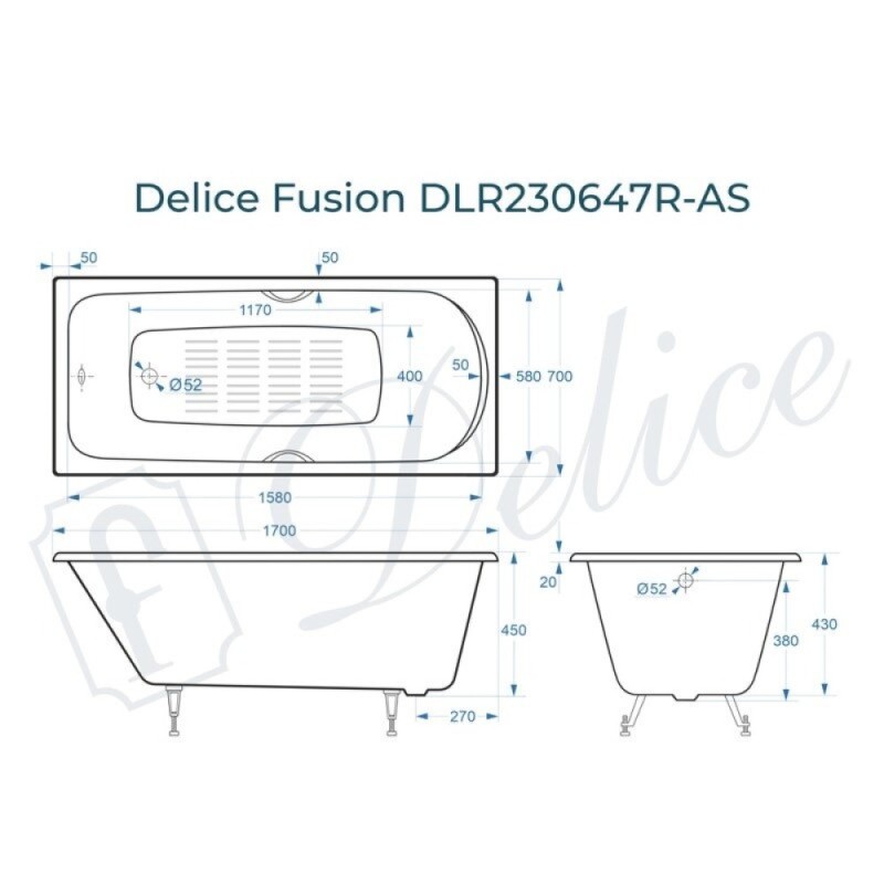 Ванна чугунная Delice Fusion DLR230647R-AS, 170 х 70 см, антискользящее покрытие, с отверстиями под ручки, без ручек, цвет белый