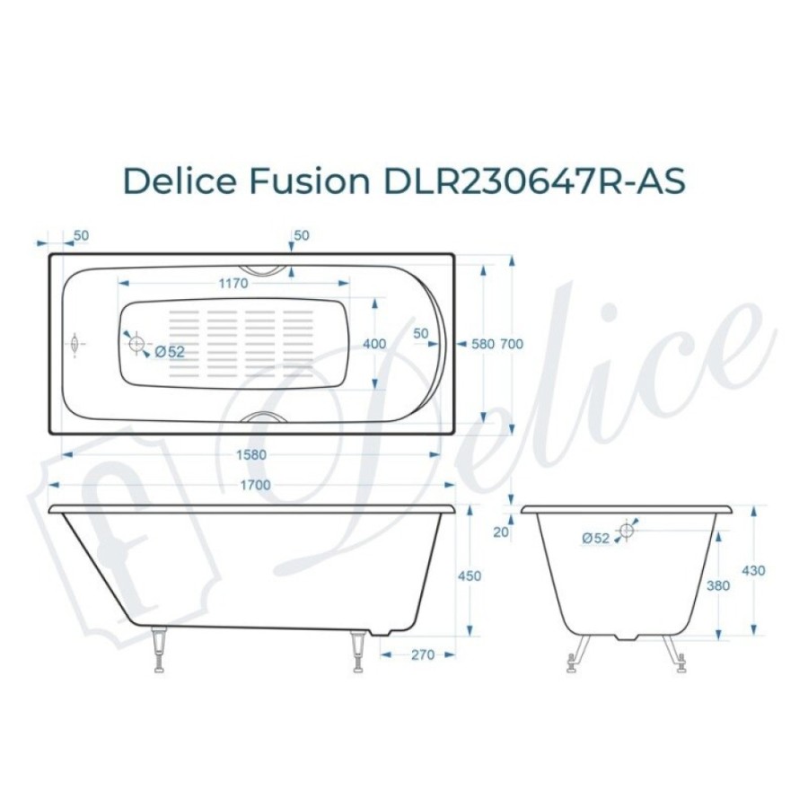 Ванна чугунная Delice Fusion DLR230647R-AS, 170 х 70 см, антискользящее покрытие, с отверстиями под ручки, без ручек, цвет белый