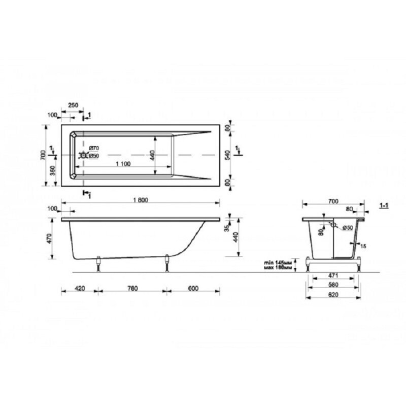 Ванна из литьевого мрамора Delice Diapason, DLR330008, 180 х 70 см, без покрытия, без ручек, белая