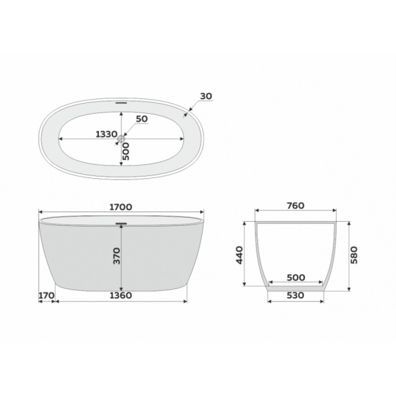 Ванна отдельностоящая акриловая Delice Rondo DLR440104Bk, 170 х 76 см, покрытие антигрязь, без ручек, черный матовый